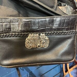 Laurel Burch Black Leather Messenger Bag with Cat Emblem